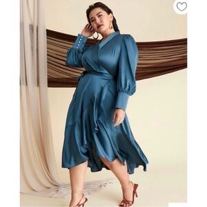 Eloquii Teal Long Sleeve Wrap Dress with pearl buttons